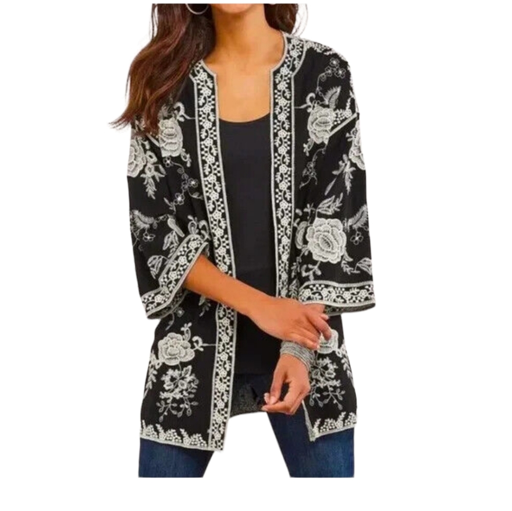 Soft Surroundings Rose Embroidered Open Kimono Top Jacket S/M Petite